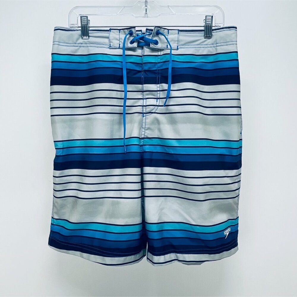 Speedo Men's Swimming Trunks SZ Large Lined Gray And Blue Elastic Waist pockets